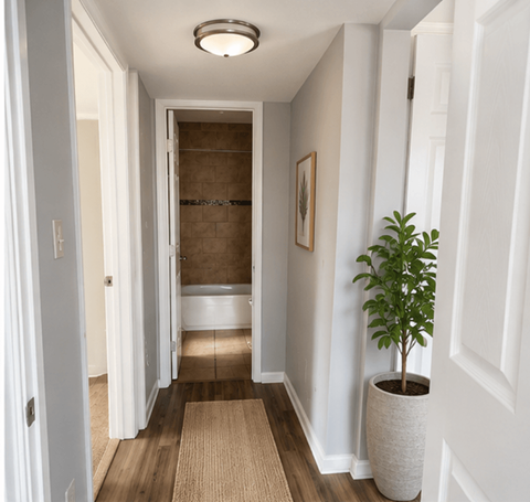 A small tree in a pot sits on a hallway rug.